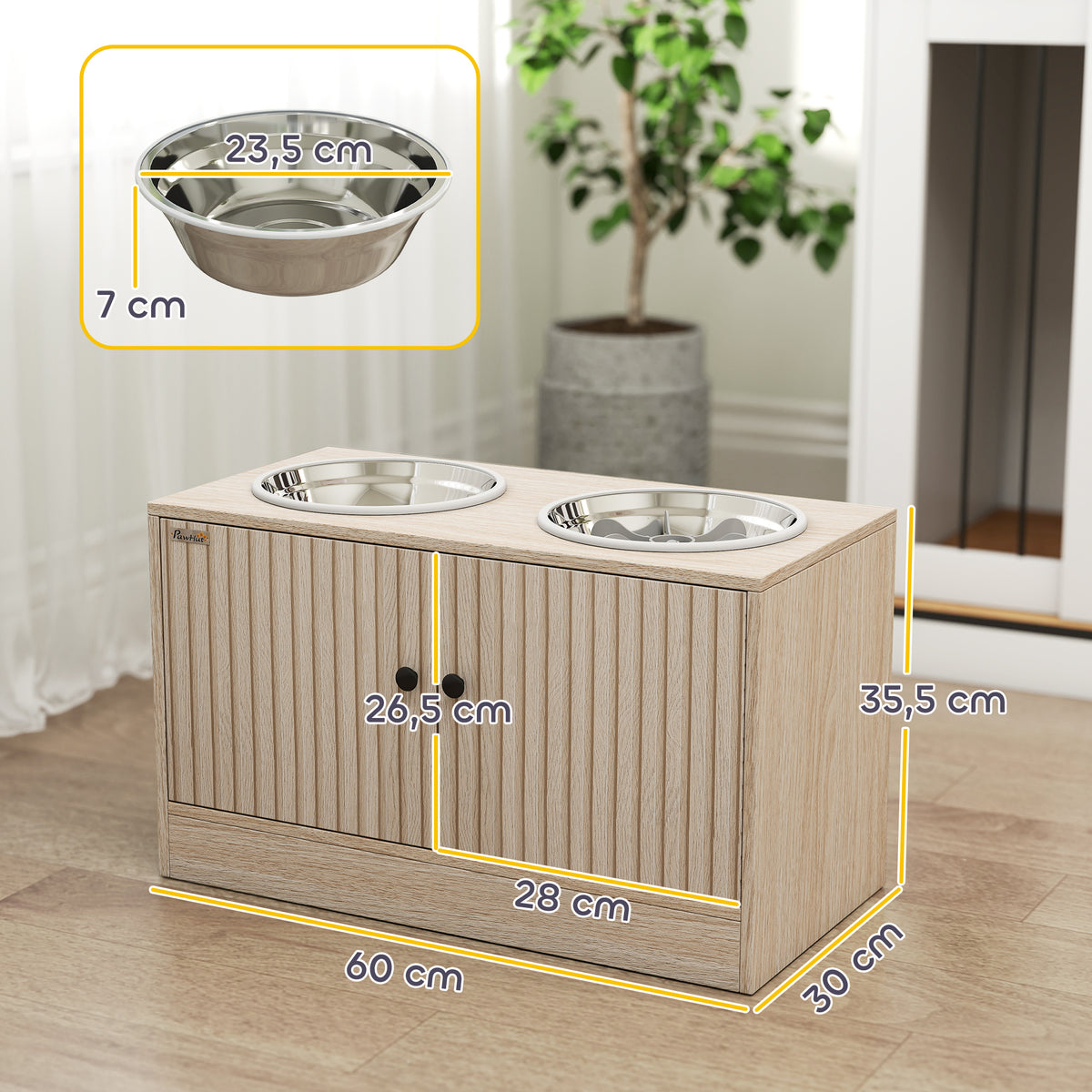Gamelles pour chiens surélevées porte-gamelles avec rangement de 40L, 2 bols en acier inoxydable 60 x 30 x 35,5 cm chêne-2