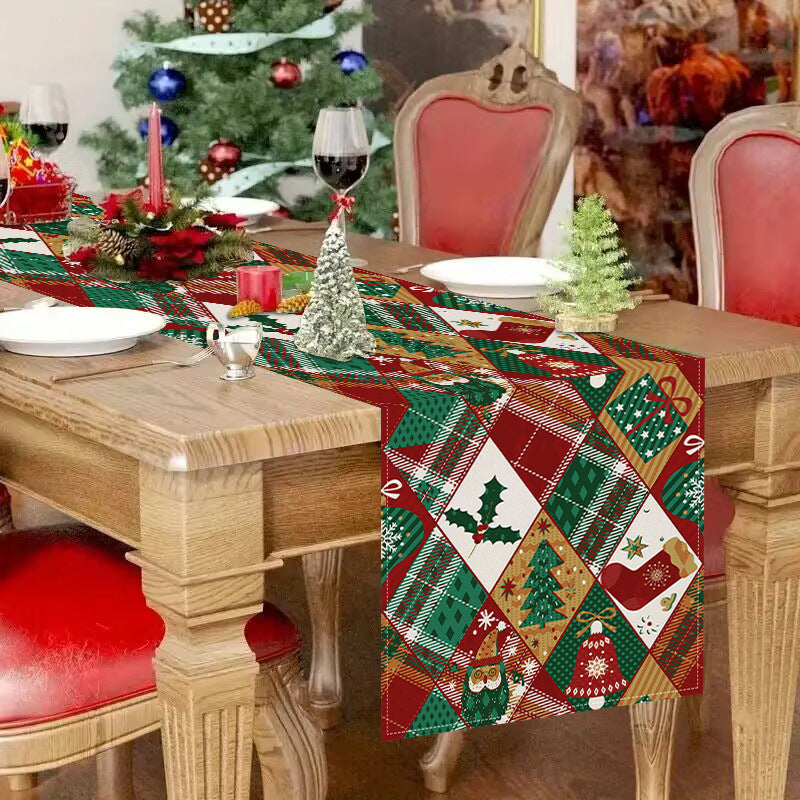 Christmas Socks Printed Table Flag Linen Plaid Printed Tablecloth Festival Party Decoration Tablecloth Tea Flag