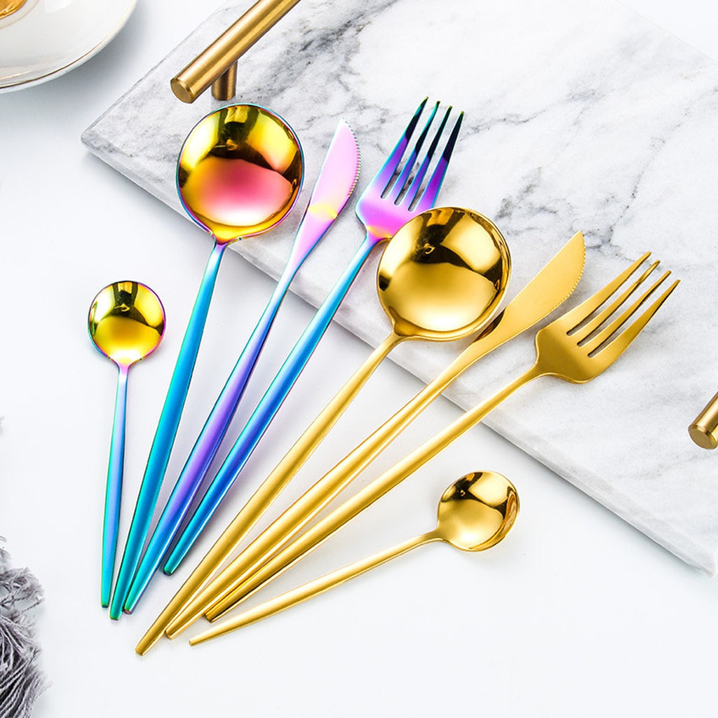 24pcs Gold Dinnerware Set Stainless Steel Tableware Set Knife Fork Spoon Luxury Cutlery Set Gift Box