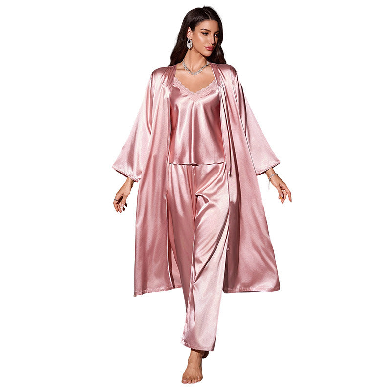 Danni Lin Simple Casual Sleepwear Robe Nightgown Sexy Strap Shorts Three-piece Set Homewear