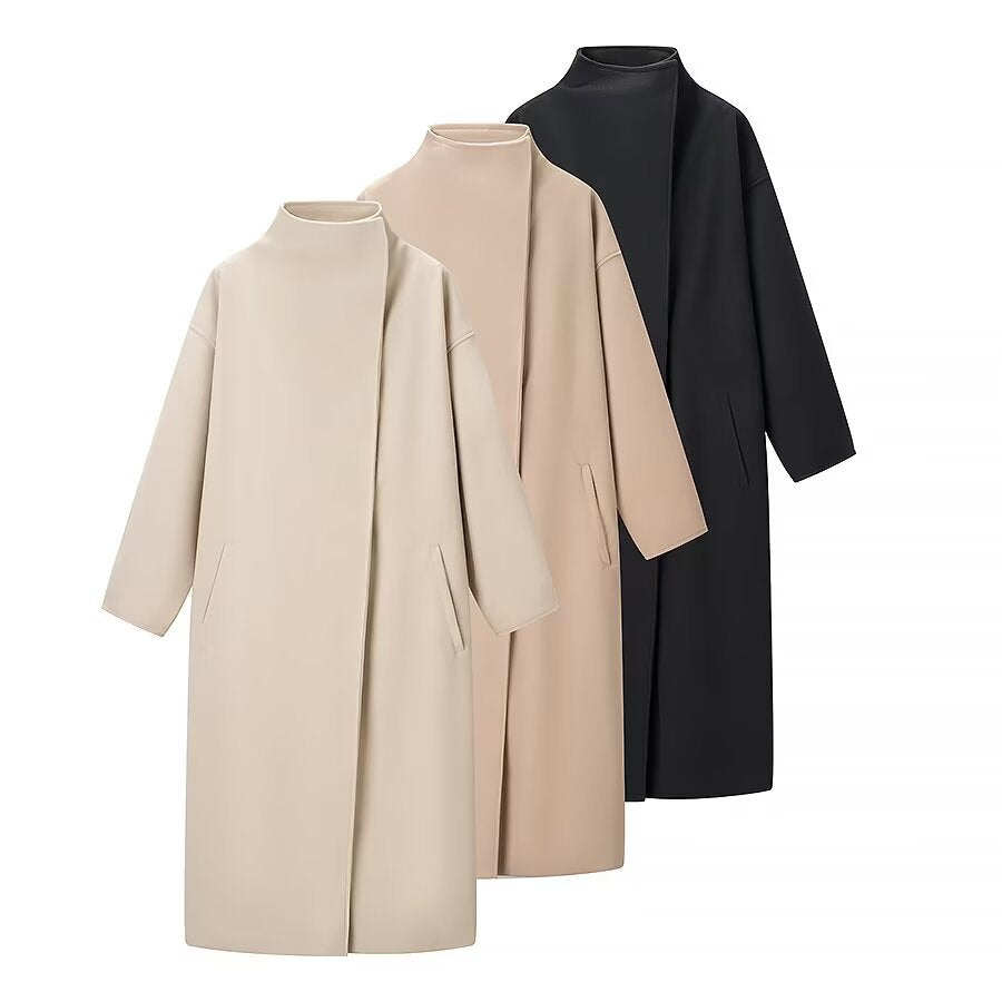 Solid color long woolen coat