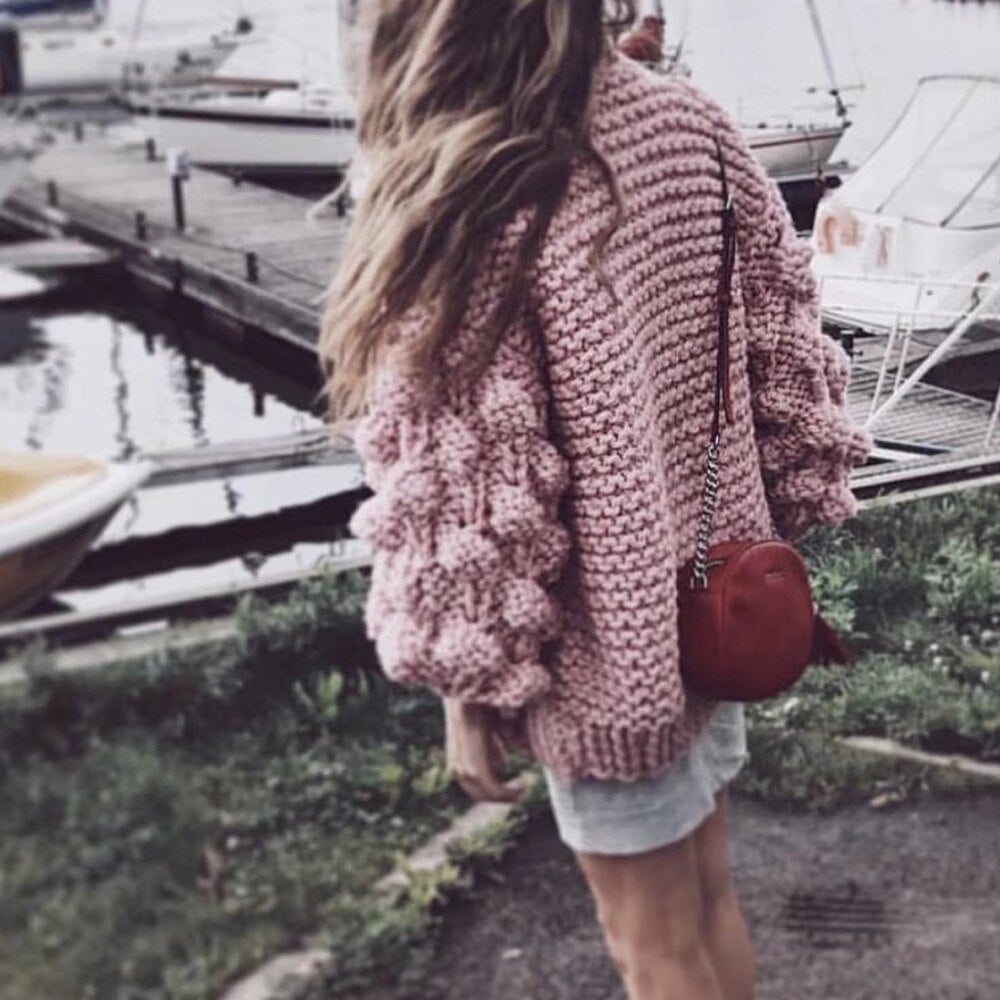 Autumn Winter Thicken Knitwear Cardigan Sweaters Sexy Puff Sleeve Handmade Knitted Cardigans Warm Sweater Outwear Coats Pink