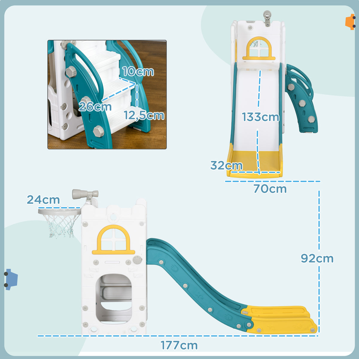 Toboggan pour enfants 5 en 1 avec panier de basket escalade télescope espace de rangement 70 x 177 x 92 cm jaune-2