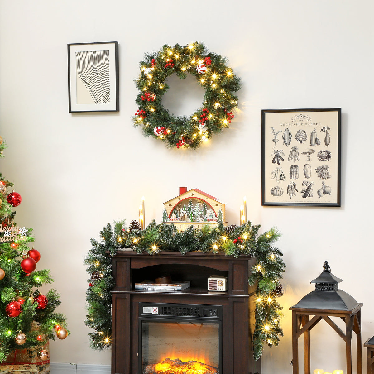 Couronne de Noël lumineuse 60 cm avec 50 LED, minuterie, 146 pointes, pommes de pin, baies, boules décoratives, vert-1