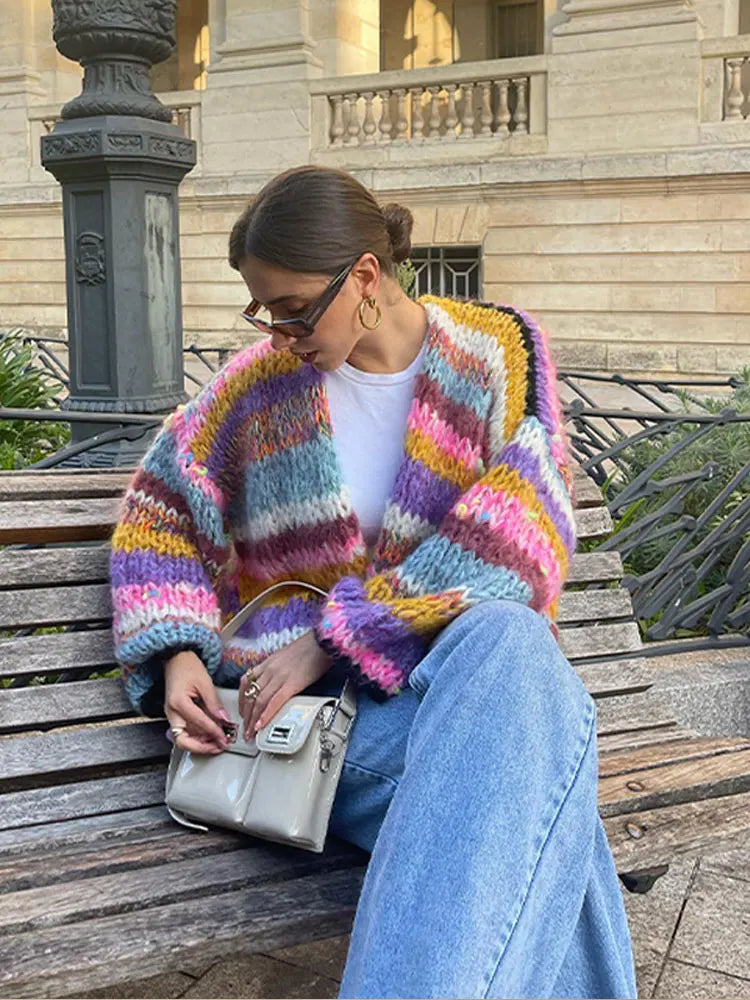 Autumn Striped Crochet Knitted Cardigans Women Lantern Sleeve Open Stitch Sweater Lady Streetwear Contrasting Sweaters