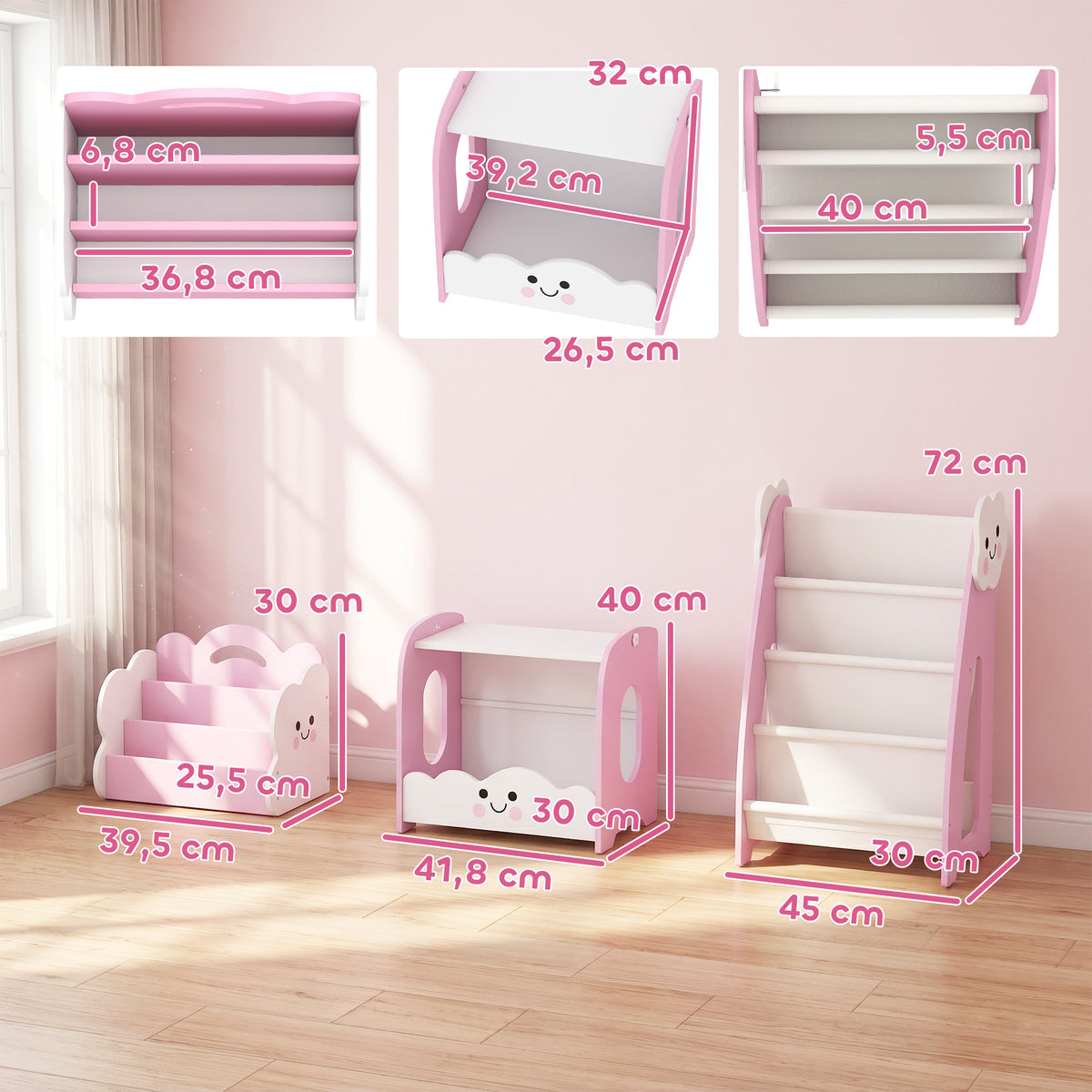 Meuble rangement enfant 3 à 8 ans, rangement jouets enfant modulaire avec porte-magazines à 4 étagères, rose-2