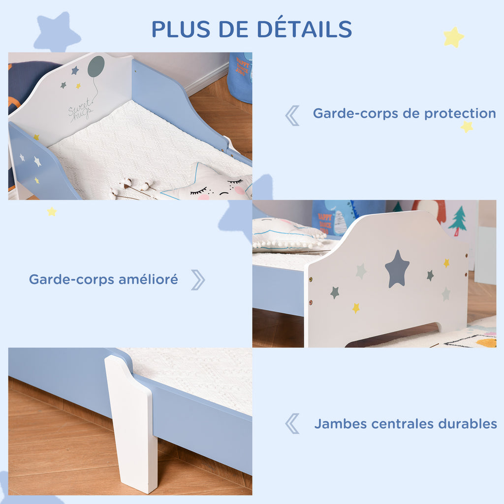 Lit pour enfants de 3 à 6 ans design étoiles sommier à lattes inclus chambre moderne 143 x 74 x 59 cm bleu blanc-3
