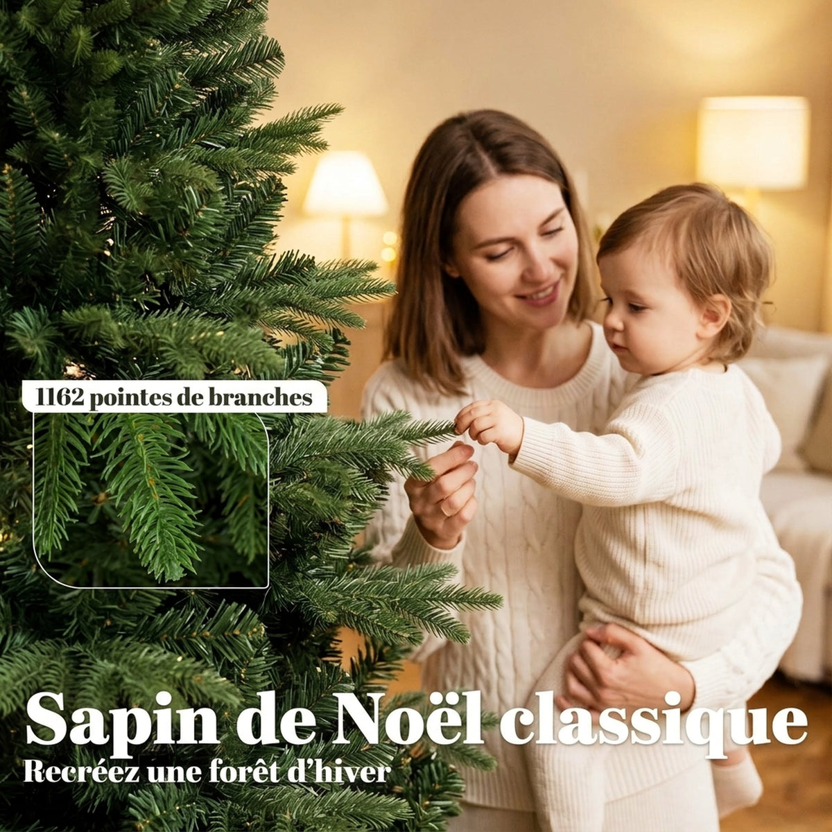 Sapin de Noël Artificiel 180 cm, Arbre de Noël, 1162 Branches Articulées en PE et PVC Ignifuge, Support en Bois Pliable-4