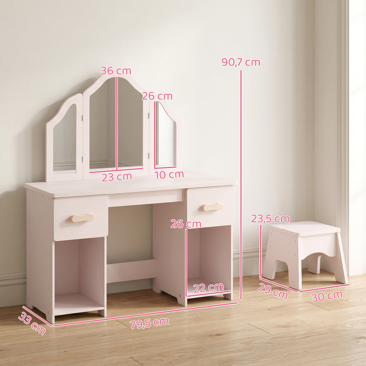 Coiffeuse pour Enfants avec Tabouret et Miroir à Trois Volets en Acrylique, 2 Tiroirs et 2 Placards, Rose-2