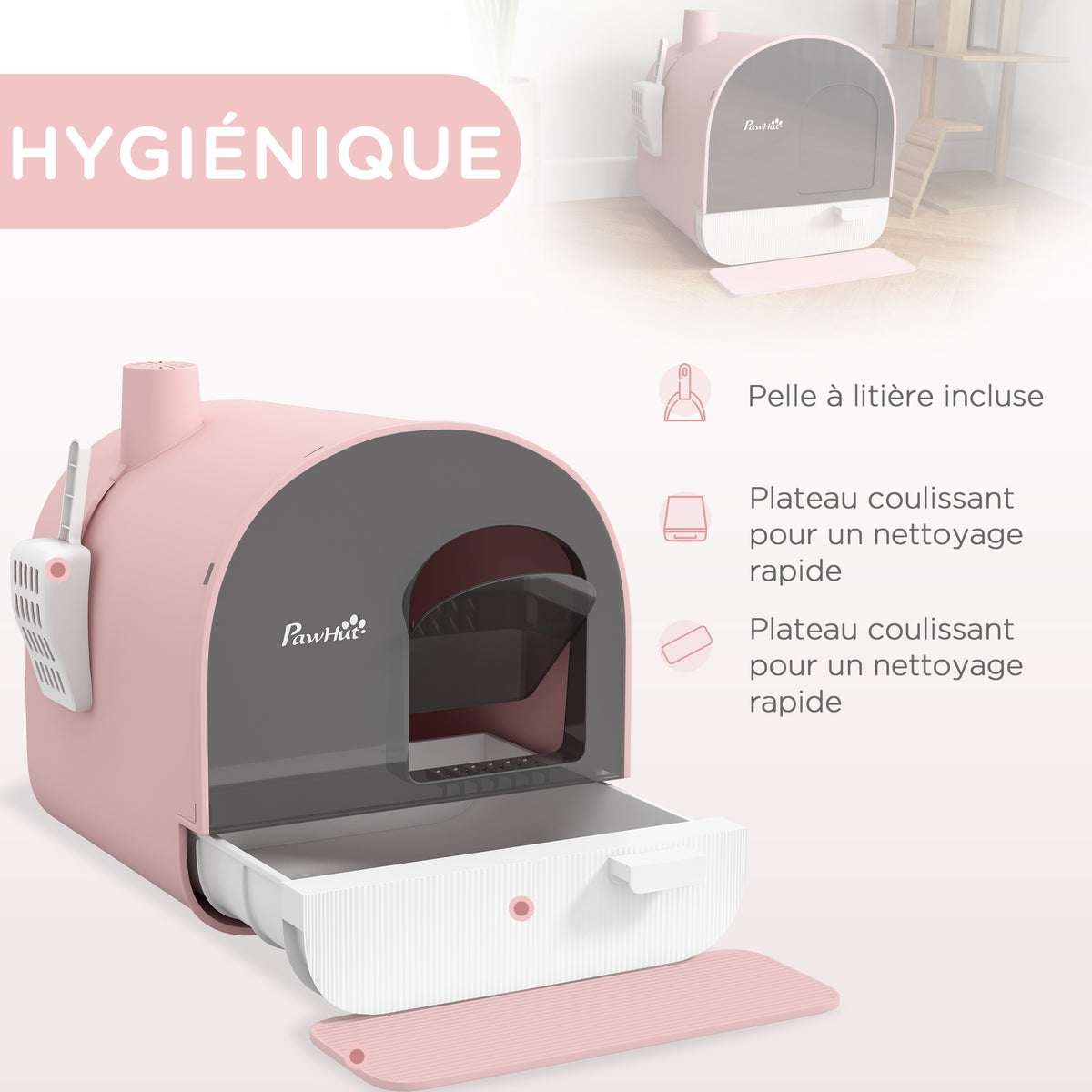 Bac à litière pour chat avec porte battante pelle et filtre inclus dim. 43L x 44l x 47H cm rose-3