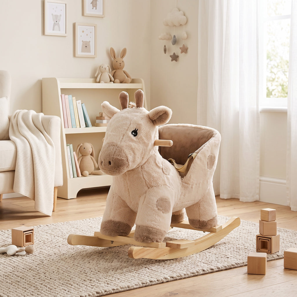 Cheval à bascule pour enfants girafe jouet à bascule bébé avec effet sonore, ceinture de sécurité, 68x35x50cm, beige-1