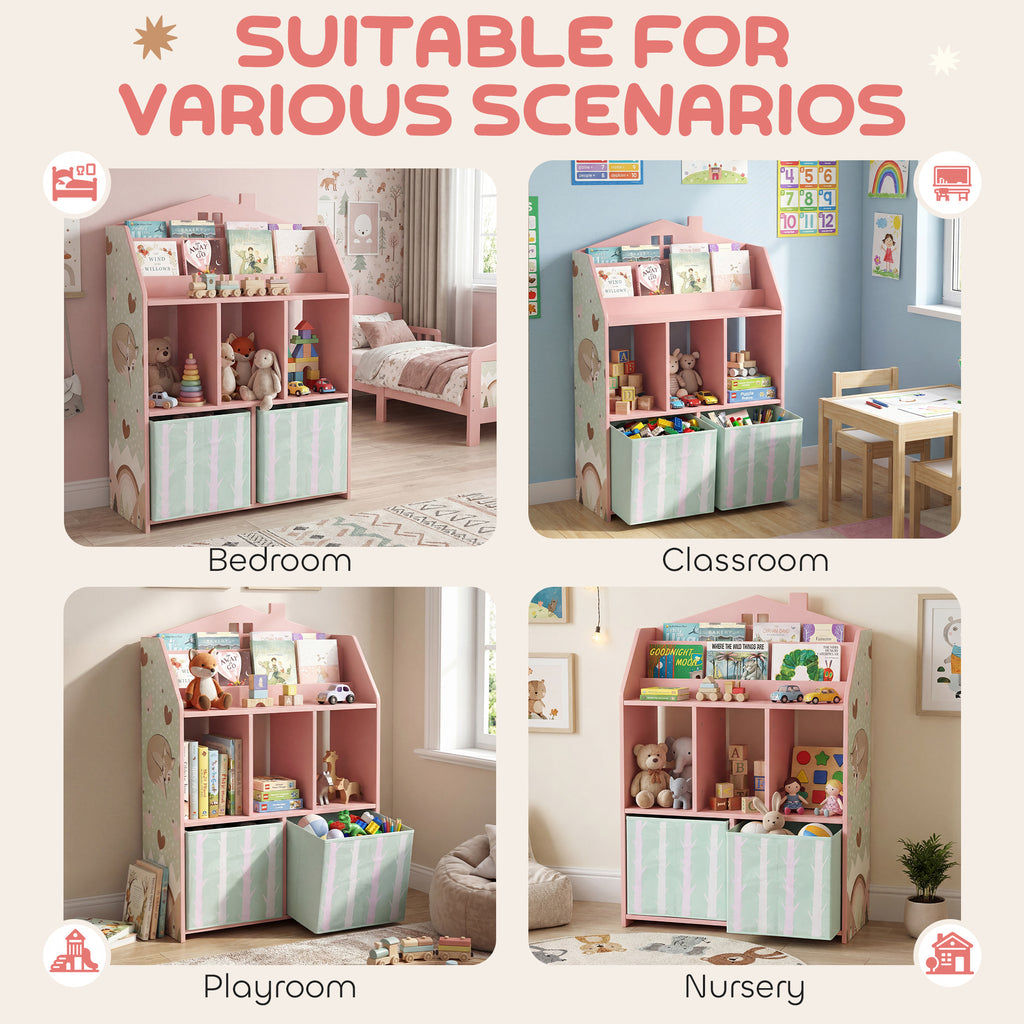 Meuble rangement enfant, bibliothèque enfants avec étagères ouvertes et 2 tiroirs en tissu, MDF, rose-7
