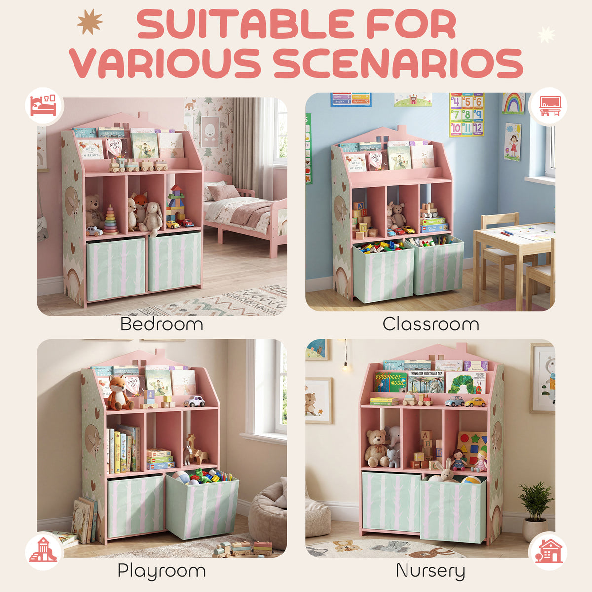 Meuble rangement enfant, bibliothèque enfants avec étagères ouvertes et 2 tiroirs en tissu, MDF, rose-7