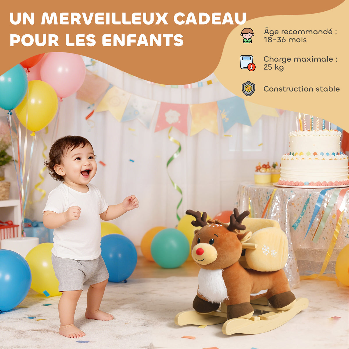 Cheval à bascule pour enfants, renne jouet à bascule bébé avec berceuses, ceinture de sécurité, 65 x 32 x 55 cm, marron-6