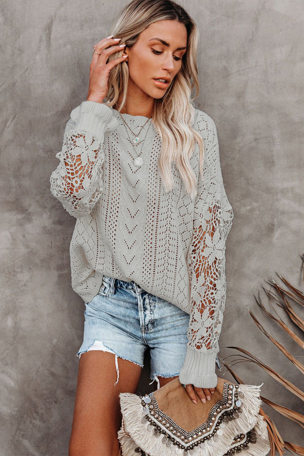 White Crochet Lace Pointelle Knit Sweater