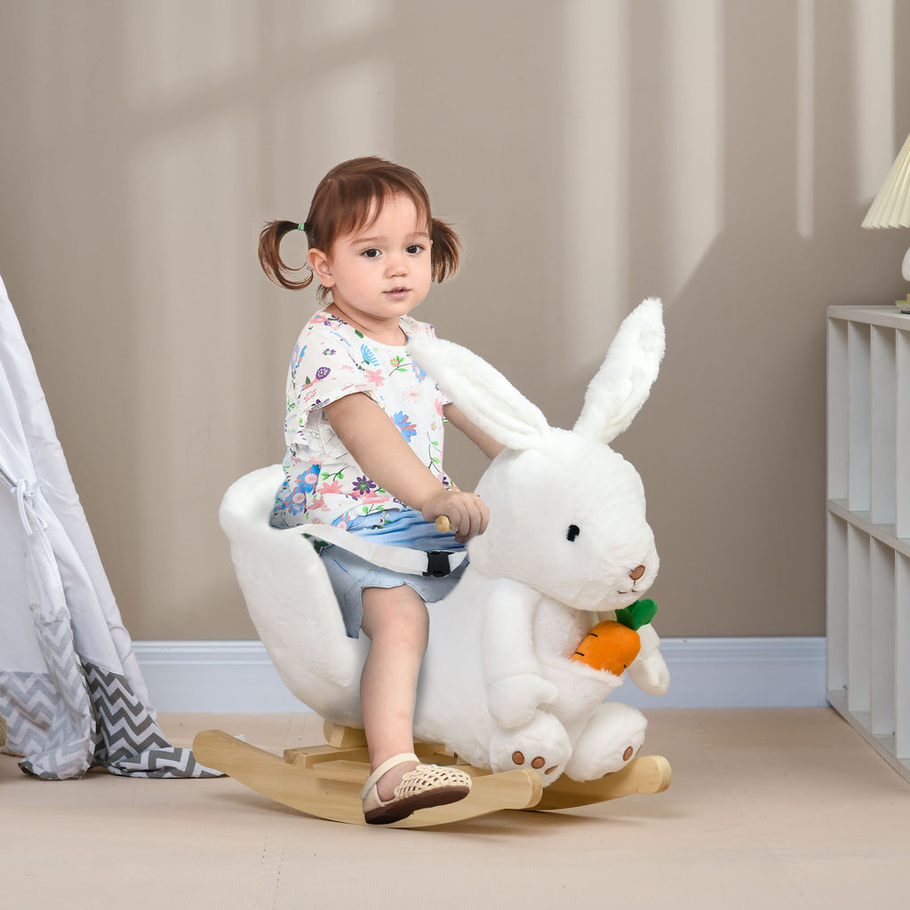 Jouet à bascule modèle lapin fonction musicale selle grand confort peluche courte douce bois peuplier 18-36 mois blanc-1