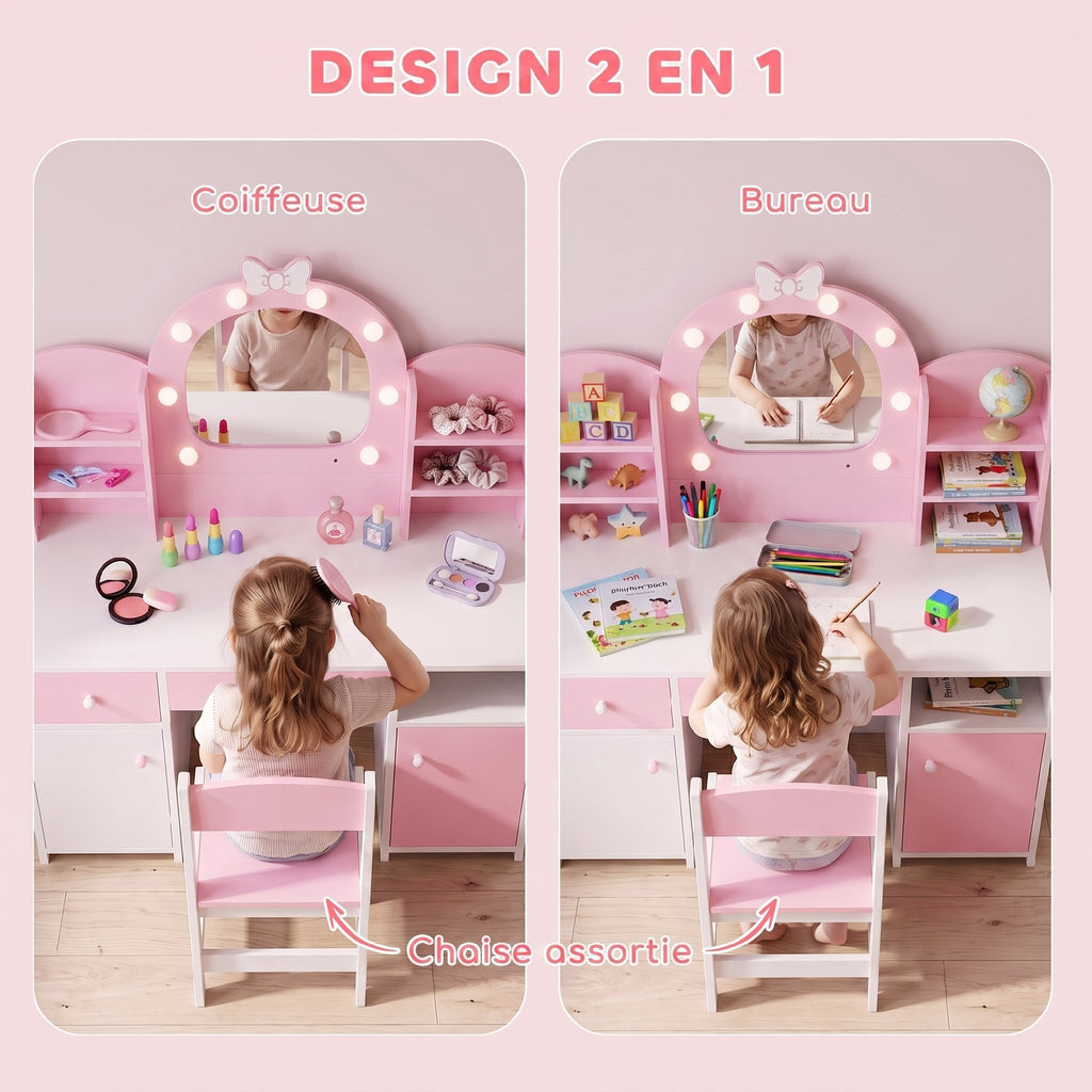 Coiffeuse pour Enfants avec Tabouret et Miroir Lumineux à 2 Couleurs en Acrylique, pour 3-8 Ans, 90 x 41 x 104 cm, Rose-6