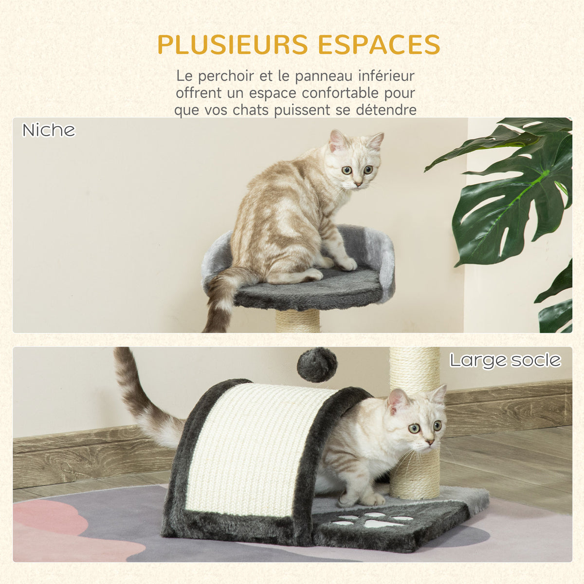 Arbre à chat griffoir grattoir design jeu boule suspendue + plateforme peluche sisal naturel gris foncé-5