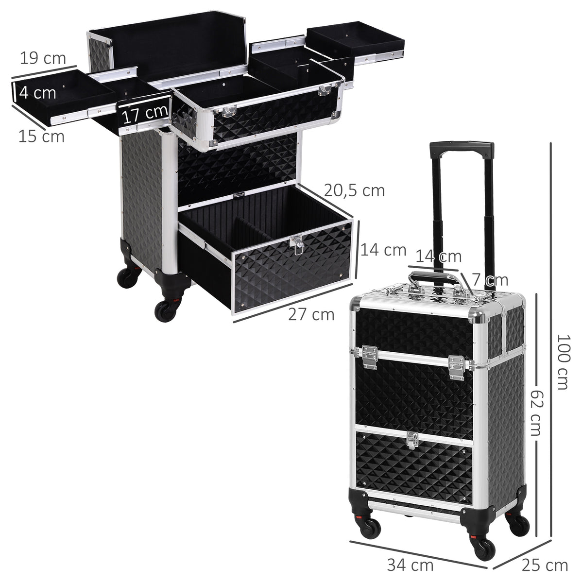 Valise trolley maquillage mallette cosmétique vanity poignée télescopique réglable 34L x 25l x 62H cm alu. noir-2