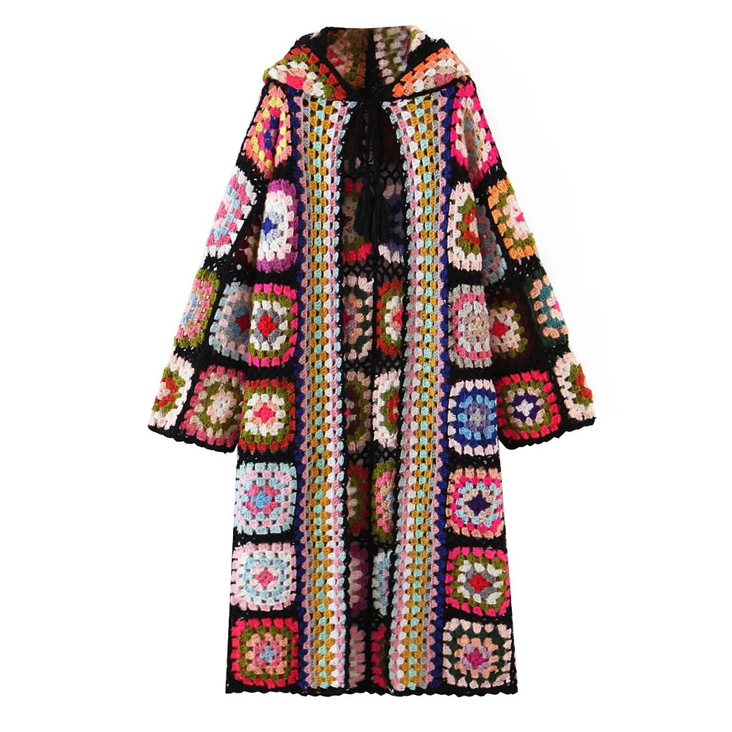 Spring new European and American fashion handmade grandmother grid hooded sweater