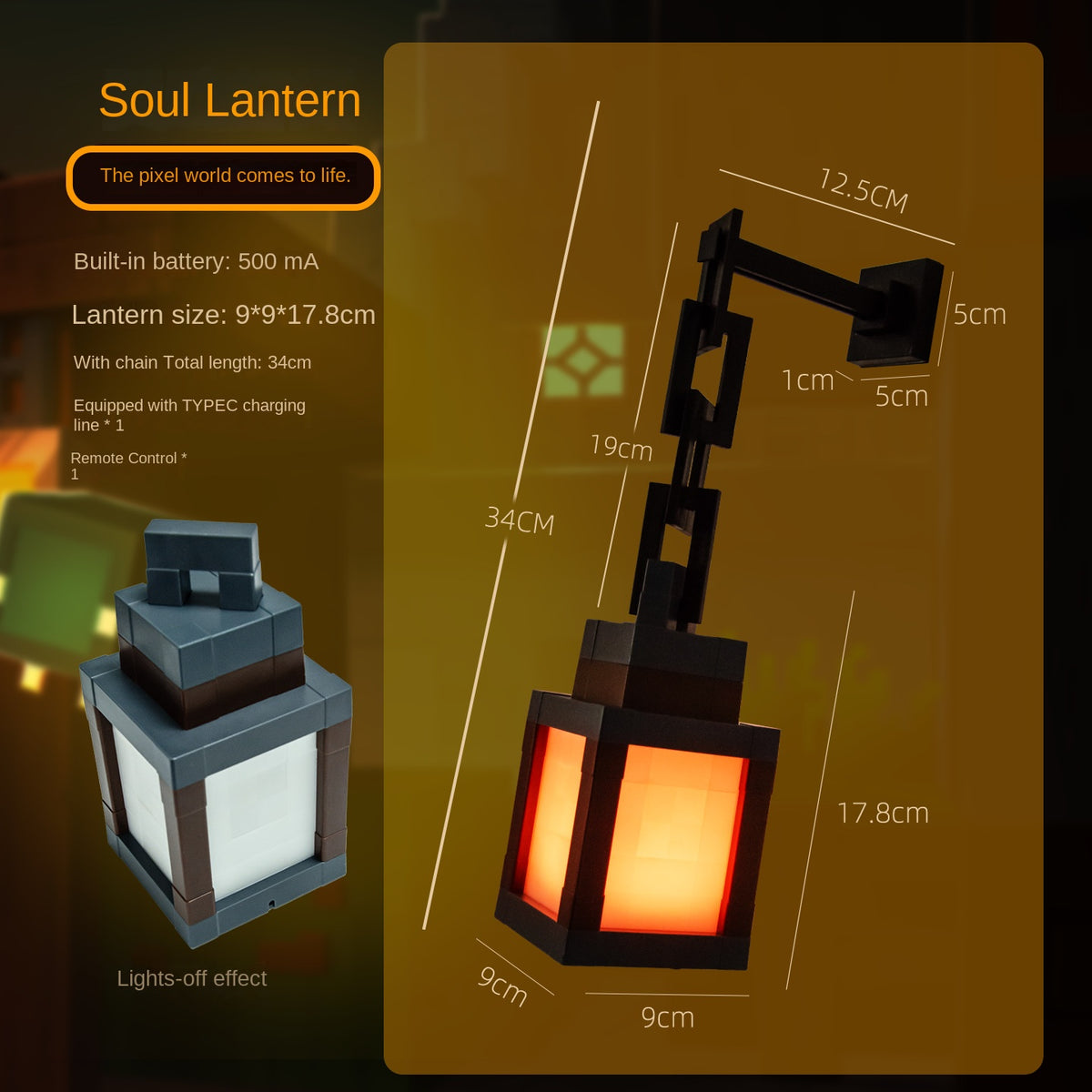 Minecraft Pixel Night Light LED Ambient Desk Lamp Creative Lantern Rechargeable Tap Light