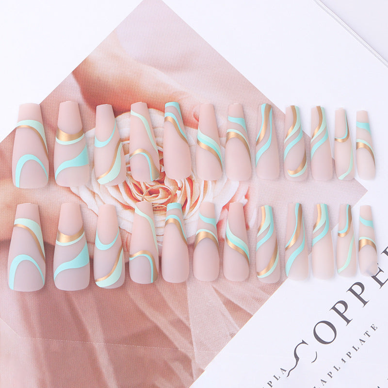 Gold Line Wave Pattern Long Ballet Nail Printed Gold Frosted Manicure Ins Matte Pop Style Contrast Color Wearing Nail