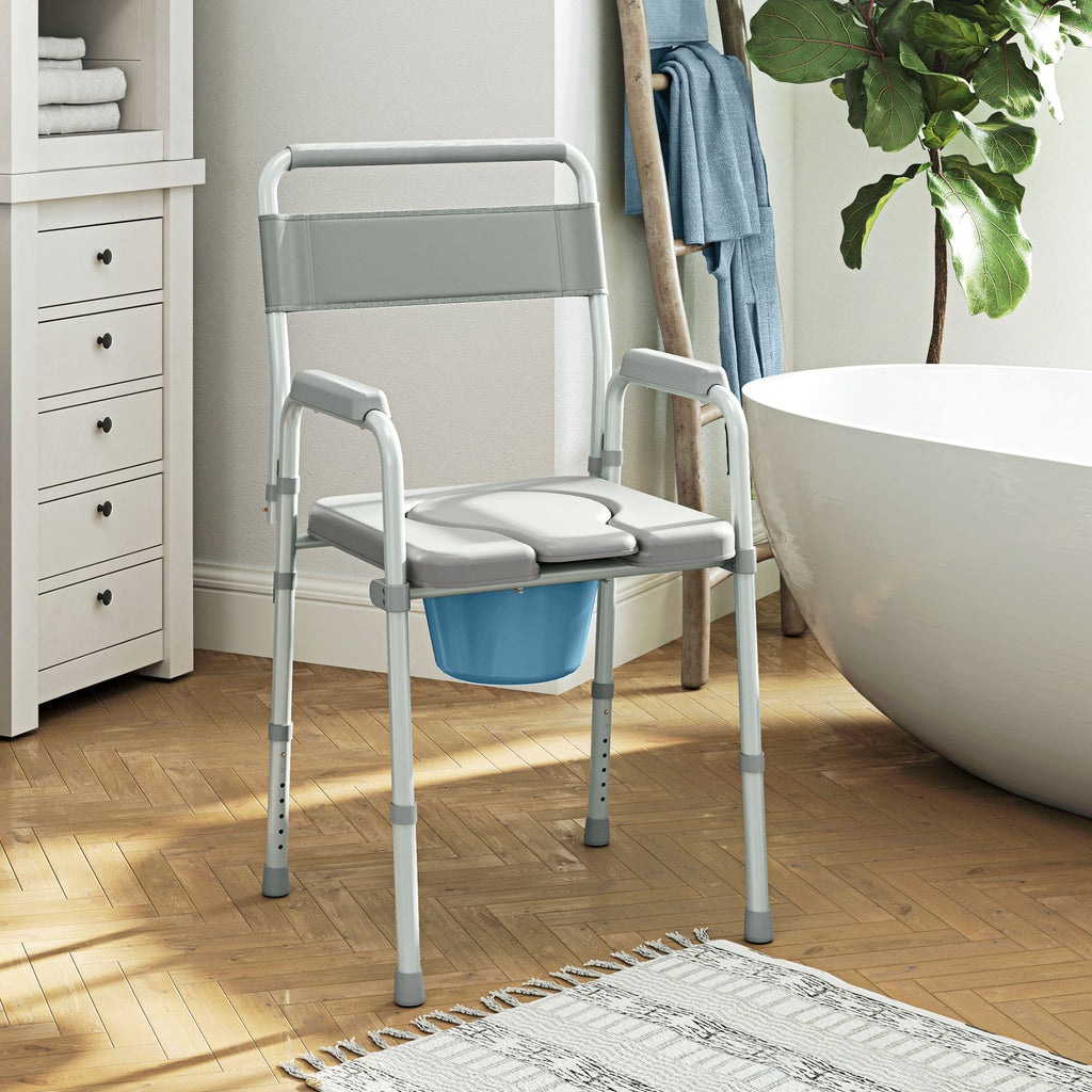 Chaise percée toilette pliable antidérapante hauteur réglable, siège et accoudoirs rembourrés, charge 150 kg, Gris-9