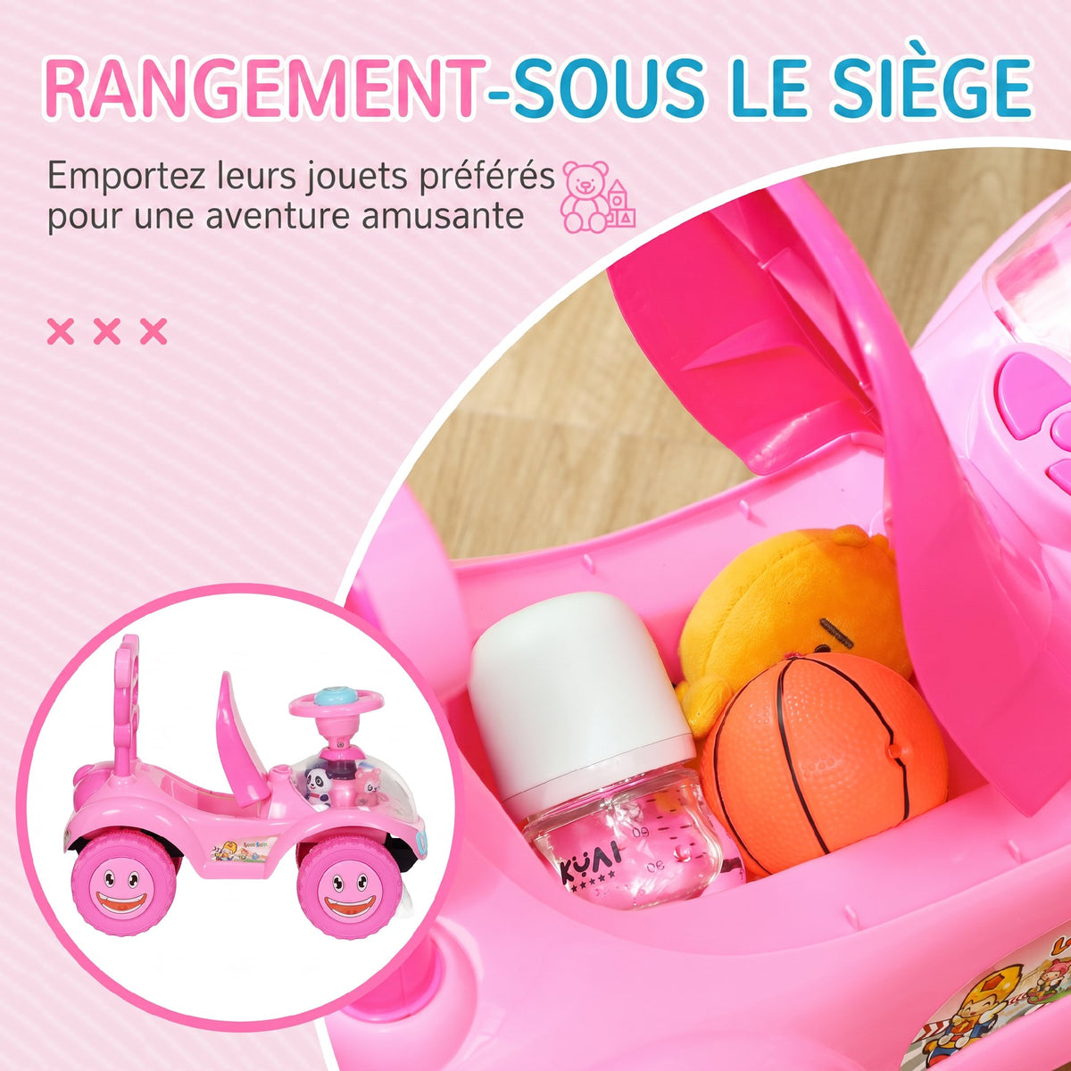 Voiture Porteur pour Enfants, Véhicule à Pousser avec Klaxon, Lumières, Musique, Volant, Rangement Sous le Siège, Rose-5