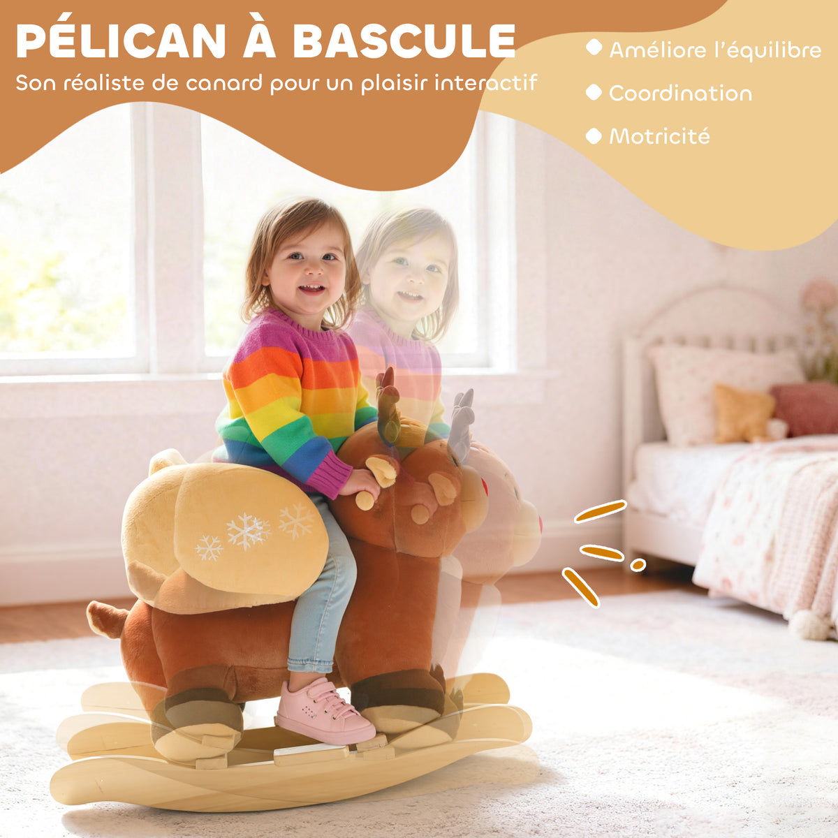 Cheval à bascule pour enfants, renne jouet à bascule bébé avec berceuses, ceinture de sécurité, 65 x 32 x 55 cm, marron-3