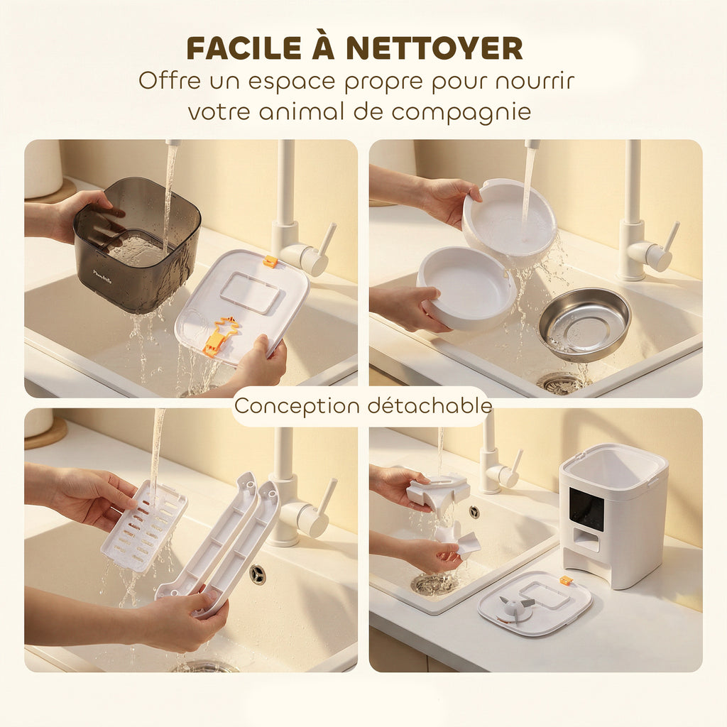 Distributeur Croquettes Chat Automatique 2 Animaux 6L Double Bol Inox WiFi Tuya App ABS 37x36x35cm Blanc-8
