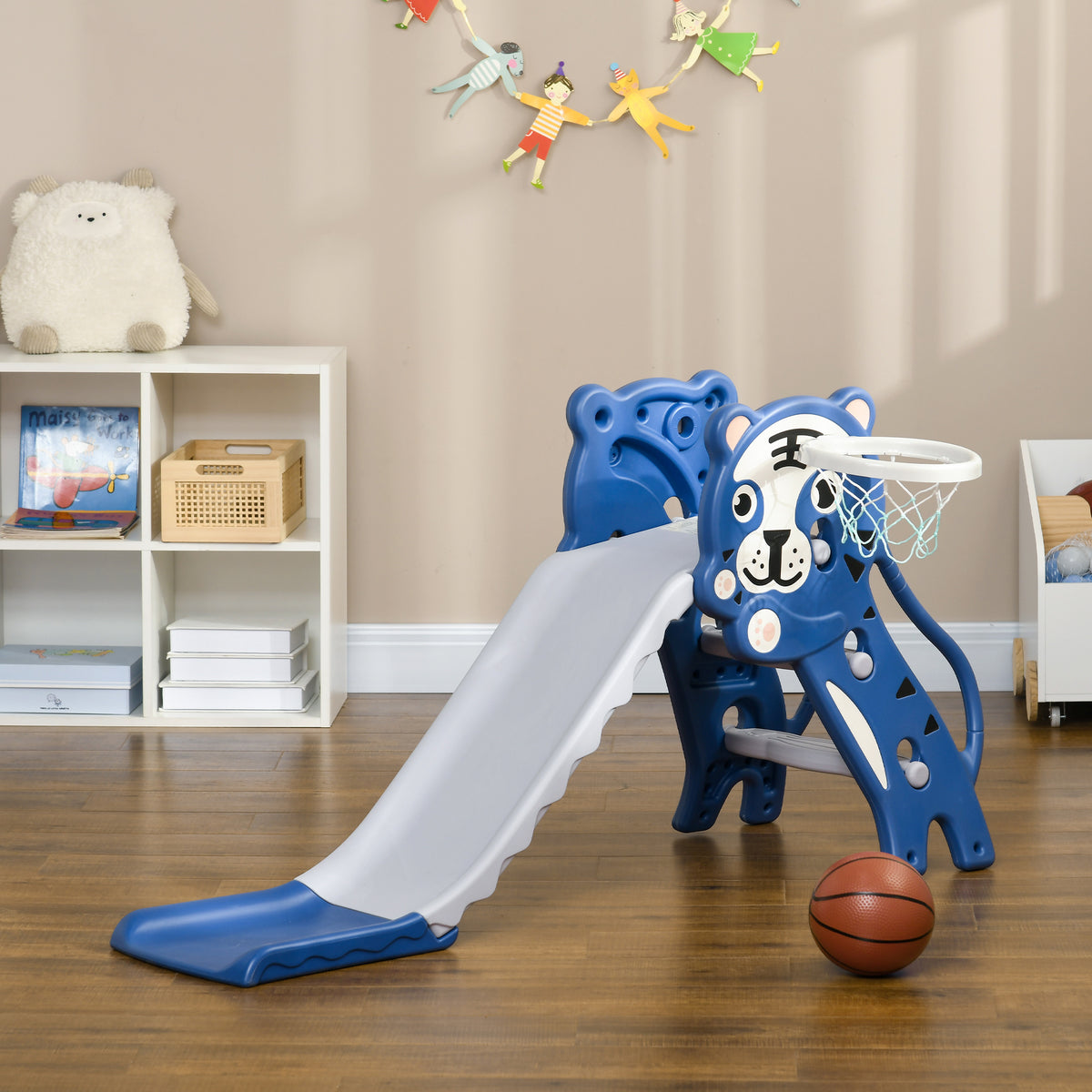 Toboggan pour enfants, toboggan intérieur pour enfants, avec panier de basket, thème tigre, de 18 à 36 mois, bleu-1