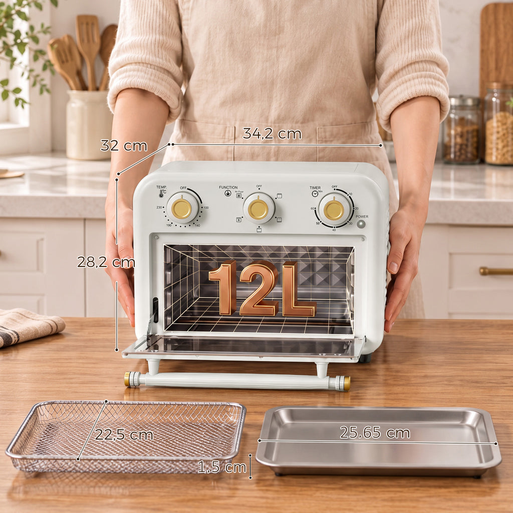 Four Friteuse à Air Chaud 12L, Four à Air Chaud Convection 1200 W avec Plaque de Cuisson, Panier de Friture, Crème-2