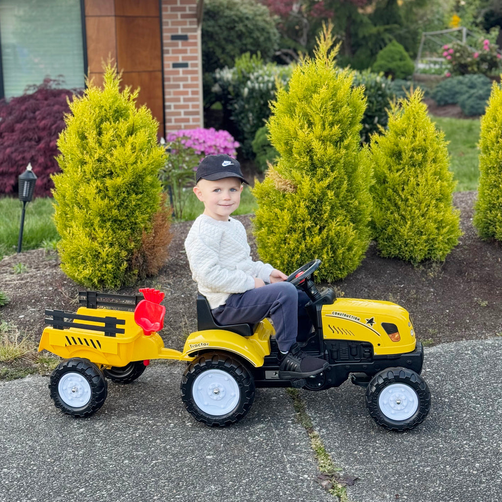 Porteur tracteur enfants avec remorque, râteau et pelle, tracteur à pédales 6 roues, charge 35 kg, pour 3+ ans, jaune-7