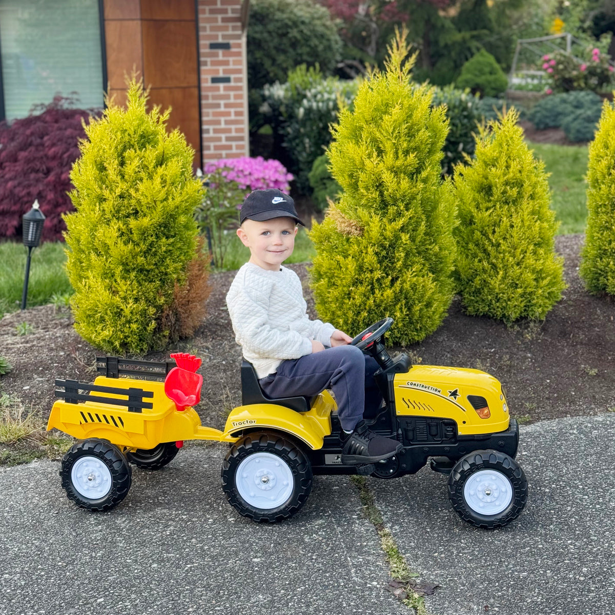 Porteur tracteur enfants avec remorque, râteau et pelle, tracteur à pédales 6 roues, charge 35 kg, pour 3+ ans, jaune-7