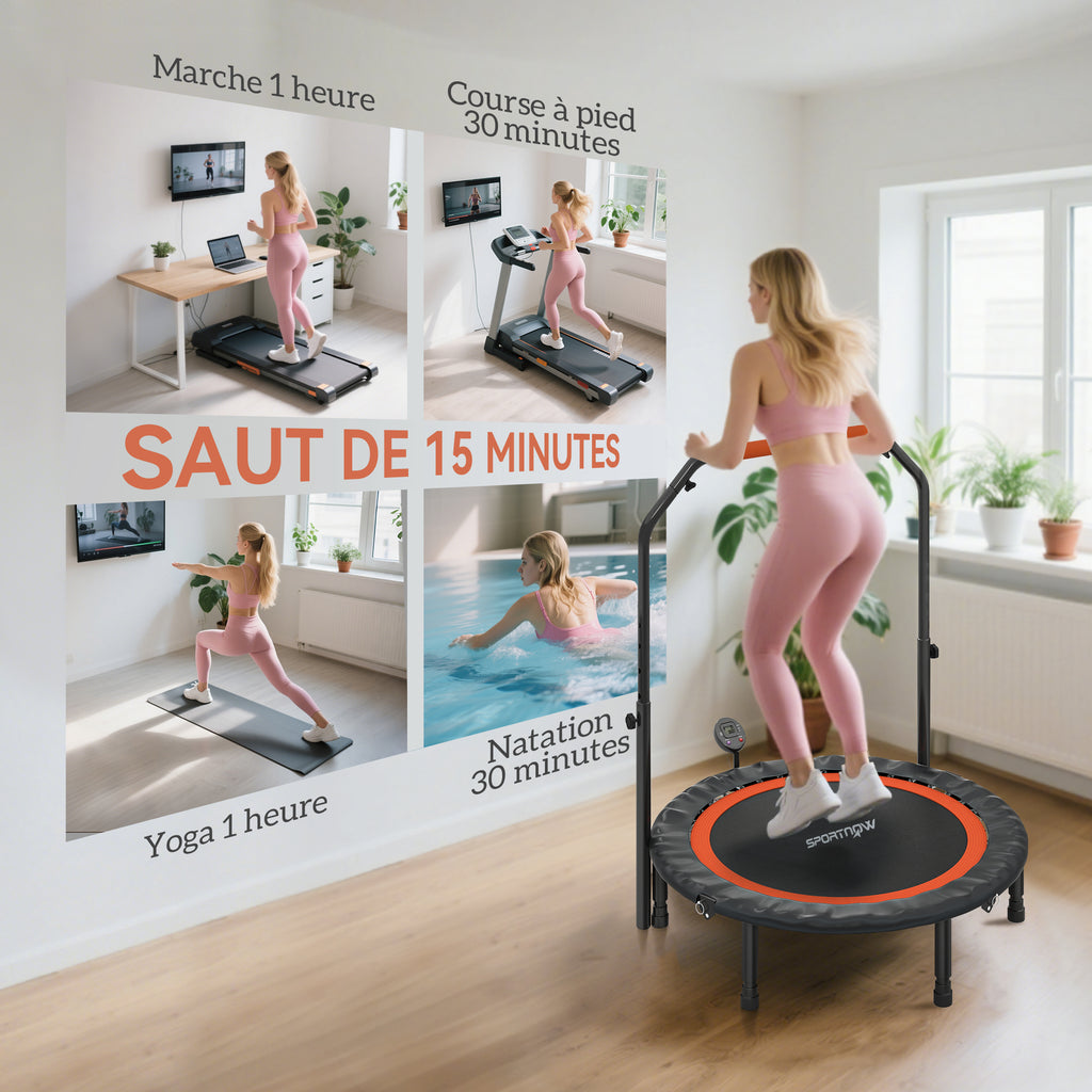 Trampoline de fitness gymnastique avec poignée réglable, pliable, 6 pieds, 28 ressorts Ø 102 cm, noir rouge-7