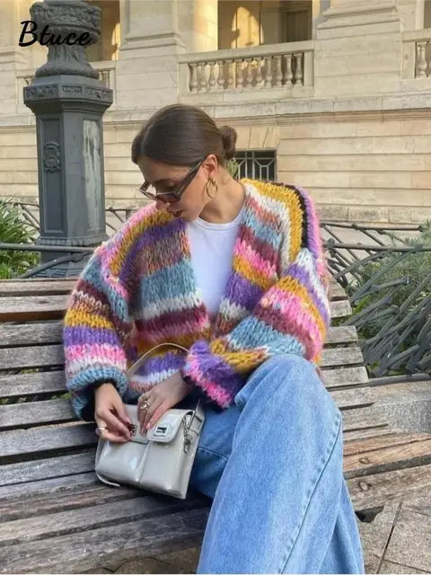Autumn Striped Crochet Knitted Cardigans Women Lantern Sleeve Open Stitch Sweater Lady Streetwear Contrasting Sweaters