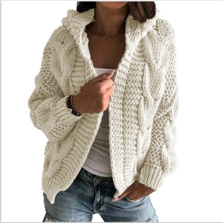 Chic Hooded Cross Twist Flowers Hooked Sweater Cardigan Loose Handmade Coarse Wool Thick Crocheted Knit Jacket Coat Tops Ins
