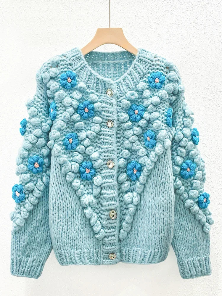 Round neck long sleeved three-dimensional handmade flower loose and fashionable knitted cardigan
