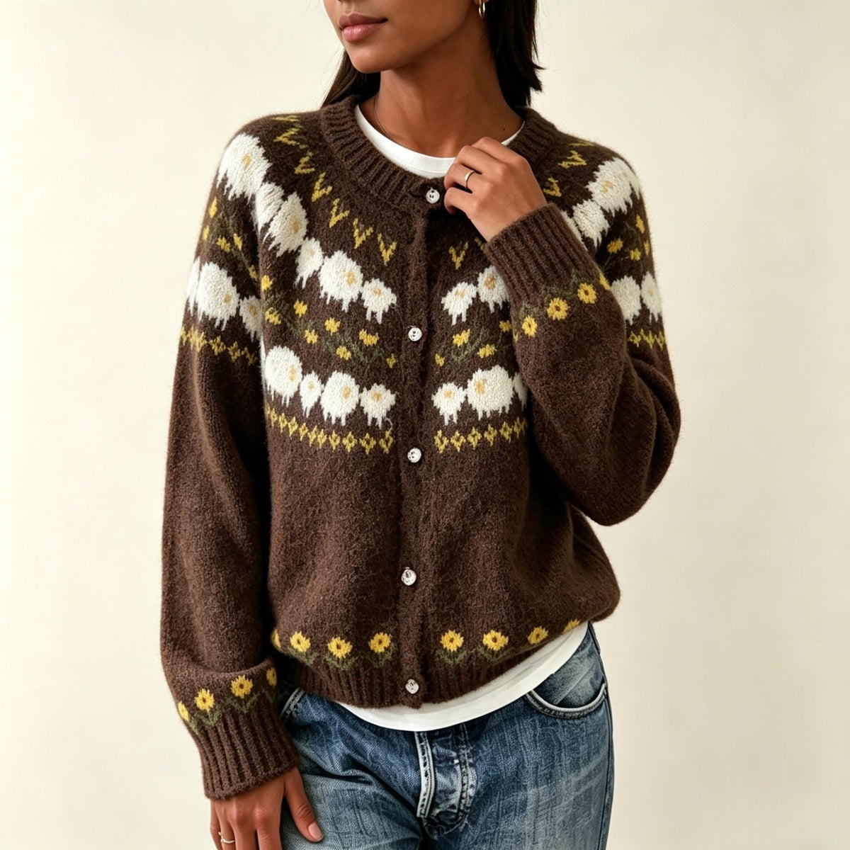 Round neck cardigan long sleeved sweater
