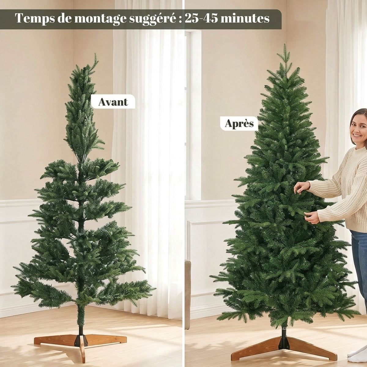 Sapin de Noël Artificiel 180 cm, Arbre de Noël, 1162 Branches Articulées en PE et PVC Ignifuge, Support en Bois Pliable-6