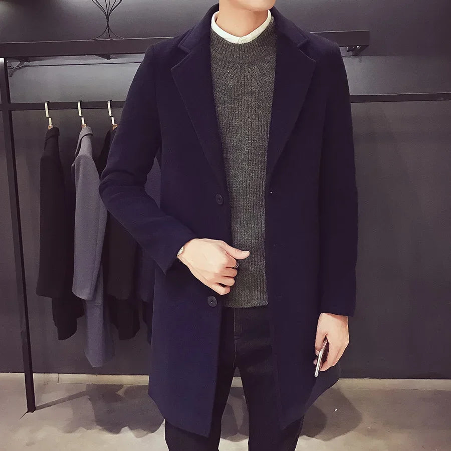 Men's coat, medium long windbreaker, winter slim fit woolen coat, teenage student thick woolen coat