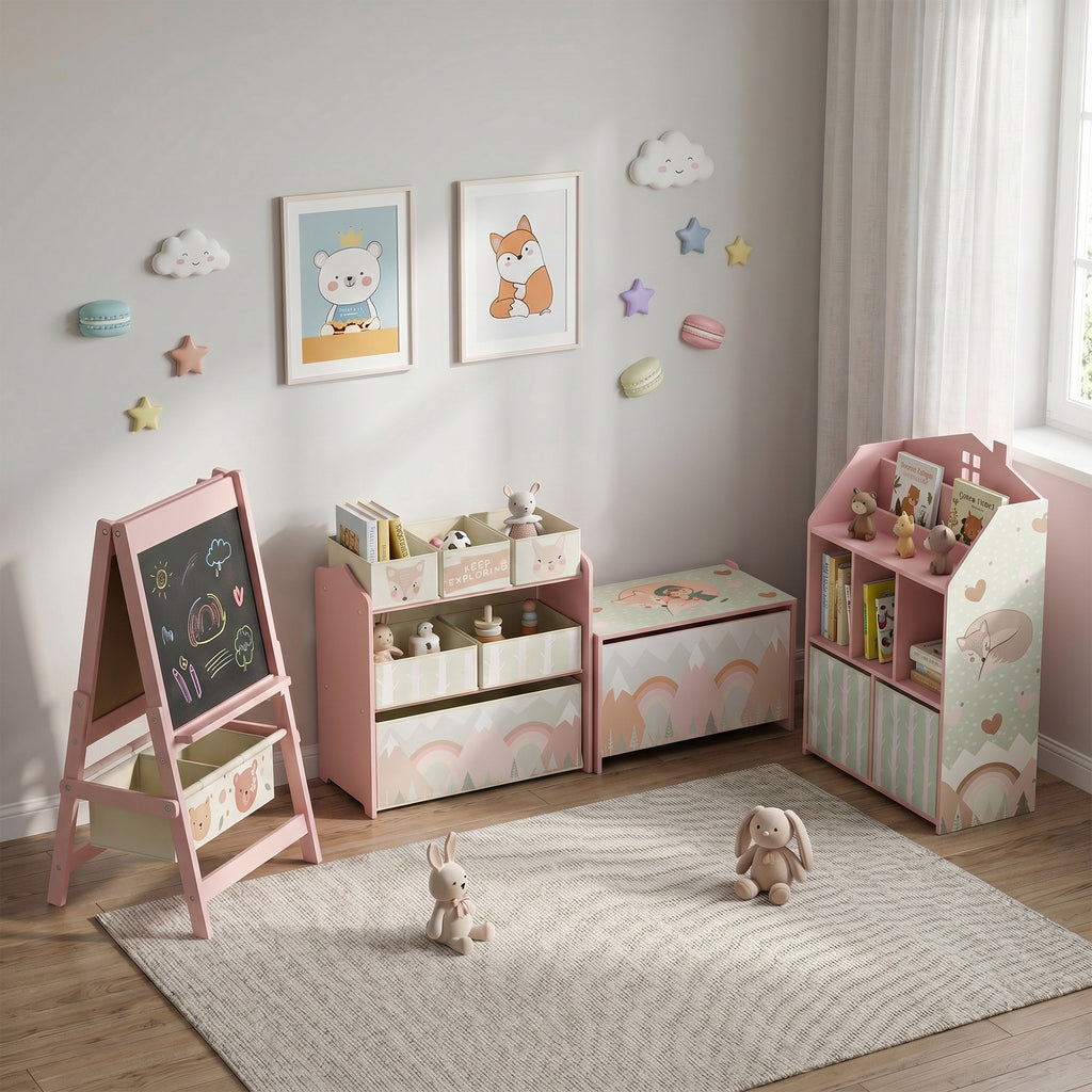 Meuble rangement enfant, bibliothèque enfants avec étagères ouvertes et 2 tiroirs en tissu, MDF, rose-9