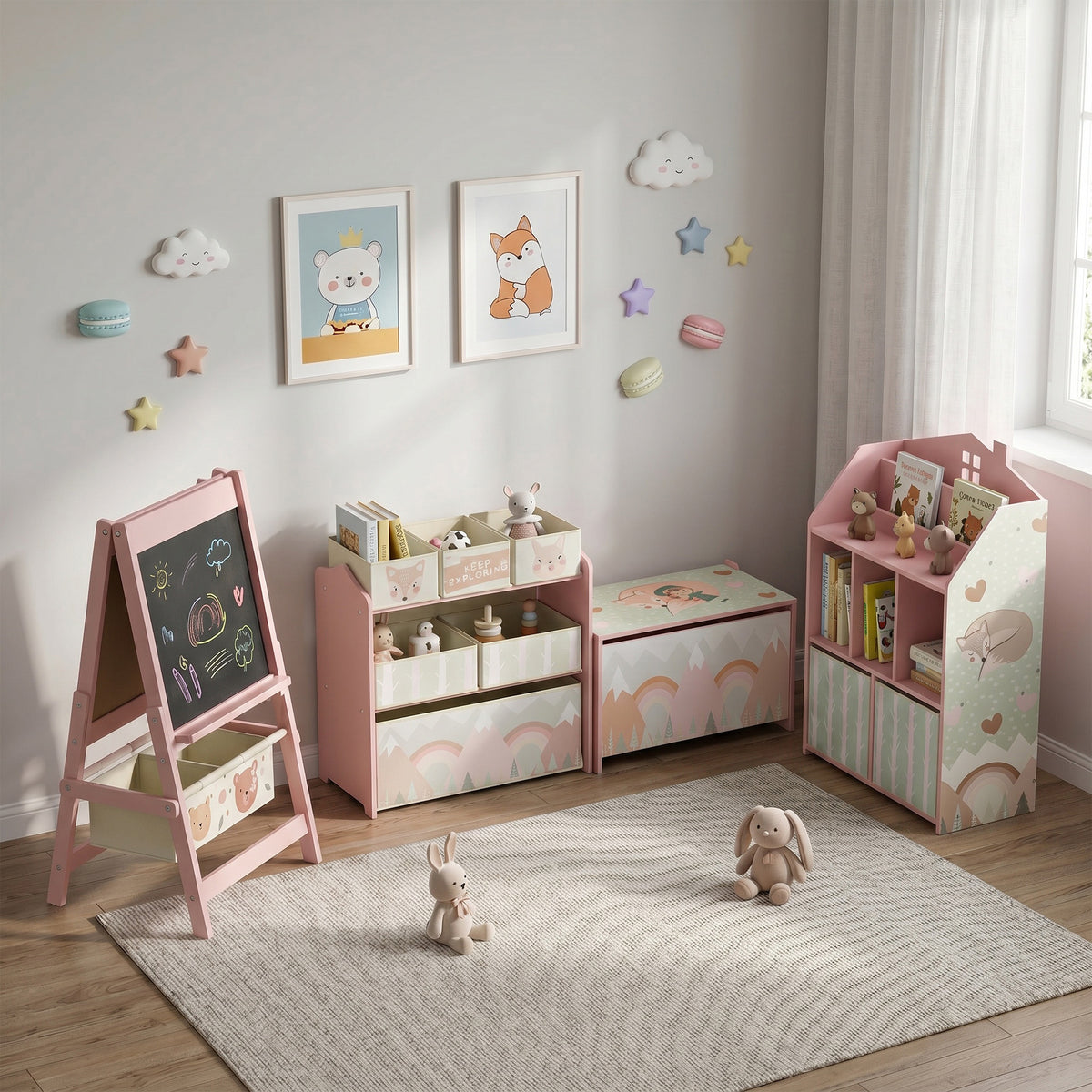 Meuble rangement enfant, bibliothèque enfants avec étagères ouvertes et 2 tiroirs en tissu, MDF, rose-9