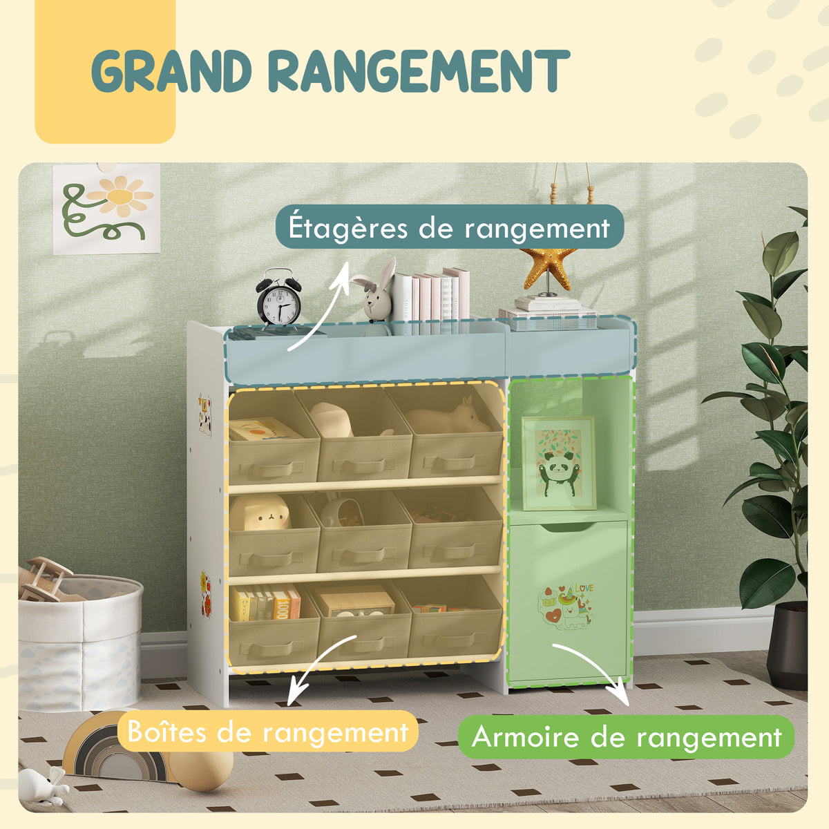 Meuble rangement enfant étagère de rangement pour jouets enfants avec 9 tiroirs en tissu et placard, blanc-3