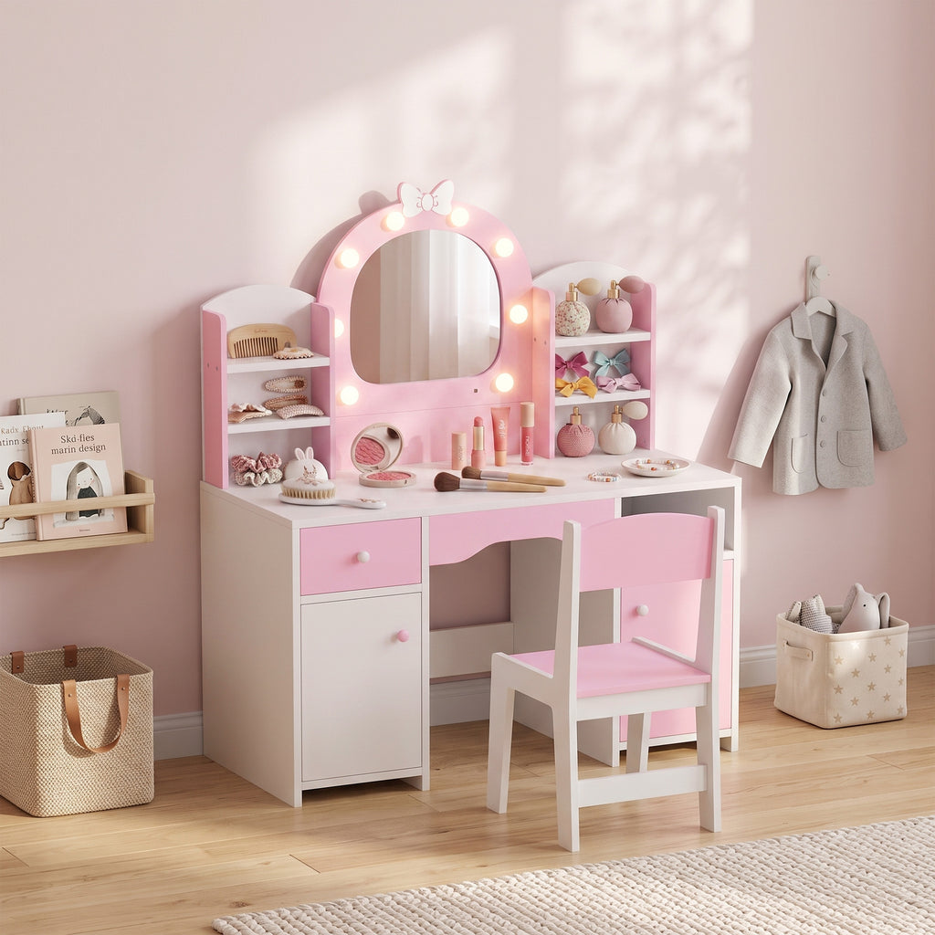 Coiffeuse pour Enfants avec Tabouret et Miroir Lumineux à 2 Couleurs en Acrylique, pour 3-8 Ans, 90 x 41 x 104 cm, Rose-9