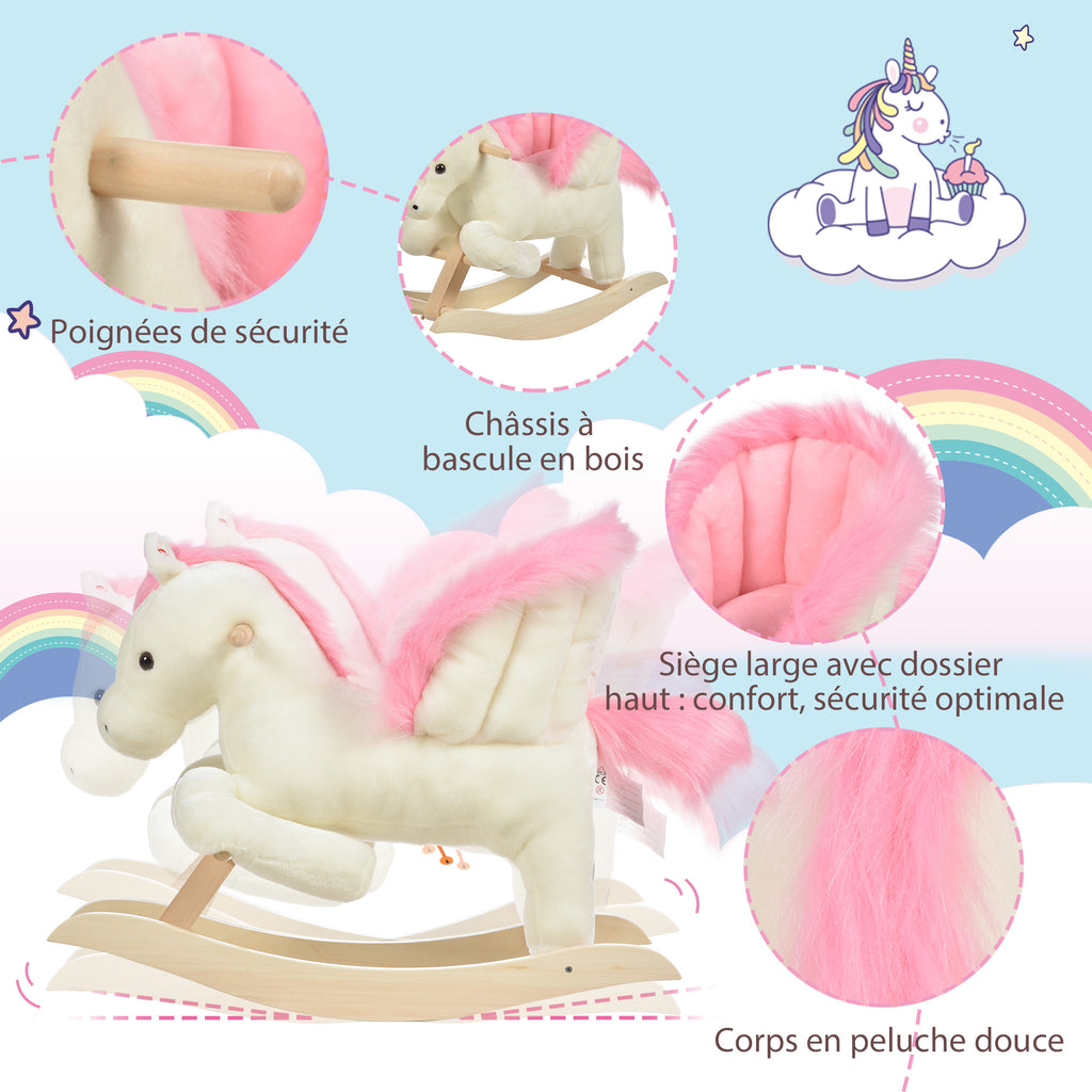 Cheval à Bascule Fonction Musicale Selle Grand Confort Peluche Courte Douce Pour Enfants 18-36 Mois Bois peuplier Blanc et Rose dim. 70L x 28l x 57H cm-6