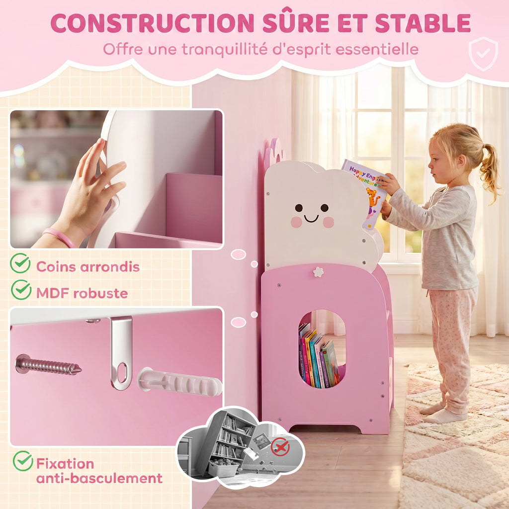 Meuble rangement enfant 3 à 8 ans, rangement jouets enfant modulaire avec porte-magazines à 4 étagères, rose-5