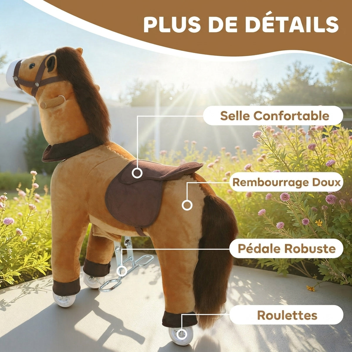 Cheval à Monter pour Enfant, Cheval à Roulettes en Peluche, Poignée, 75 cm de Haut, pour 3 à 5 Ans, Marron-5