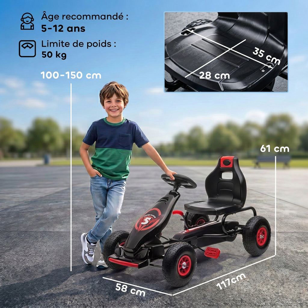 Kart à pédales pour enfant siège réglable 3 positions frein à main enfant de 5 à 12 ans rouge noir-2