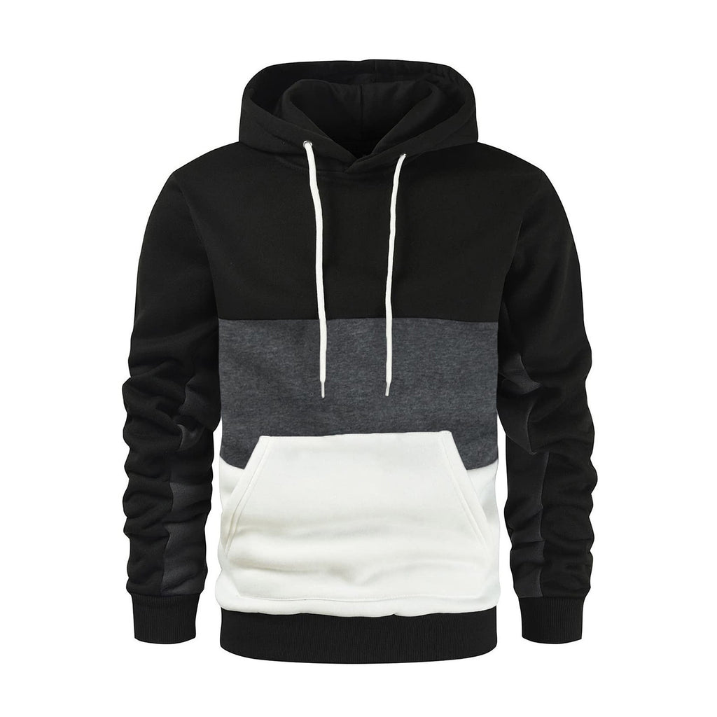 New autumn and winter men's warm plush hoodie, fashionable color blocking casual pullover hoodie, sports hoodie